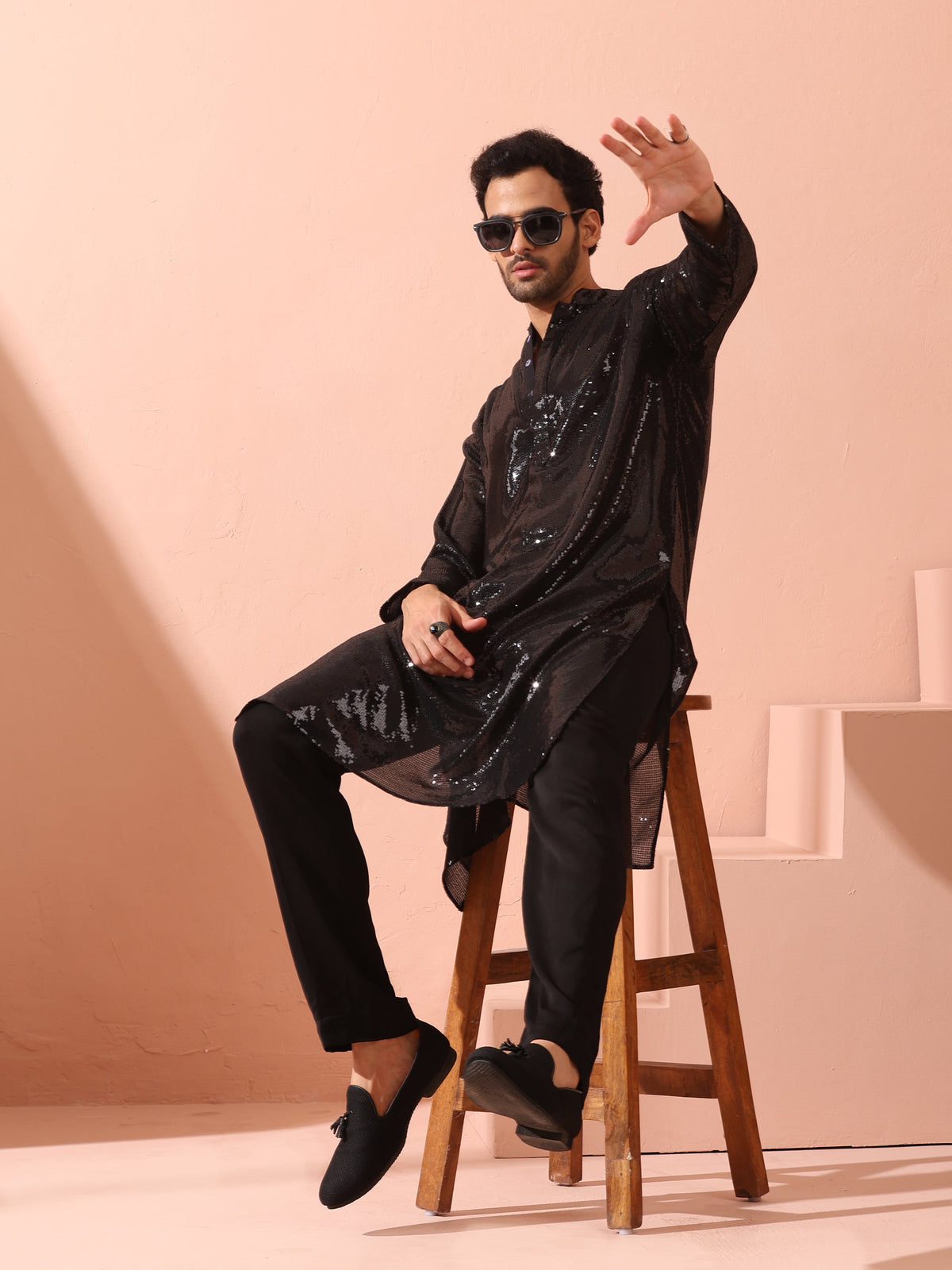Indyancart ST Debonair Black Sequin Kurta with Hidden Placket