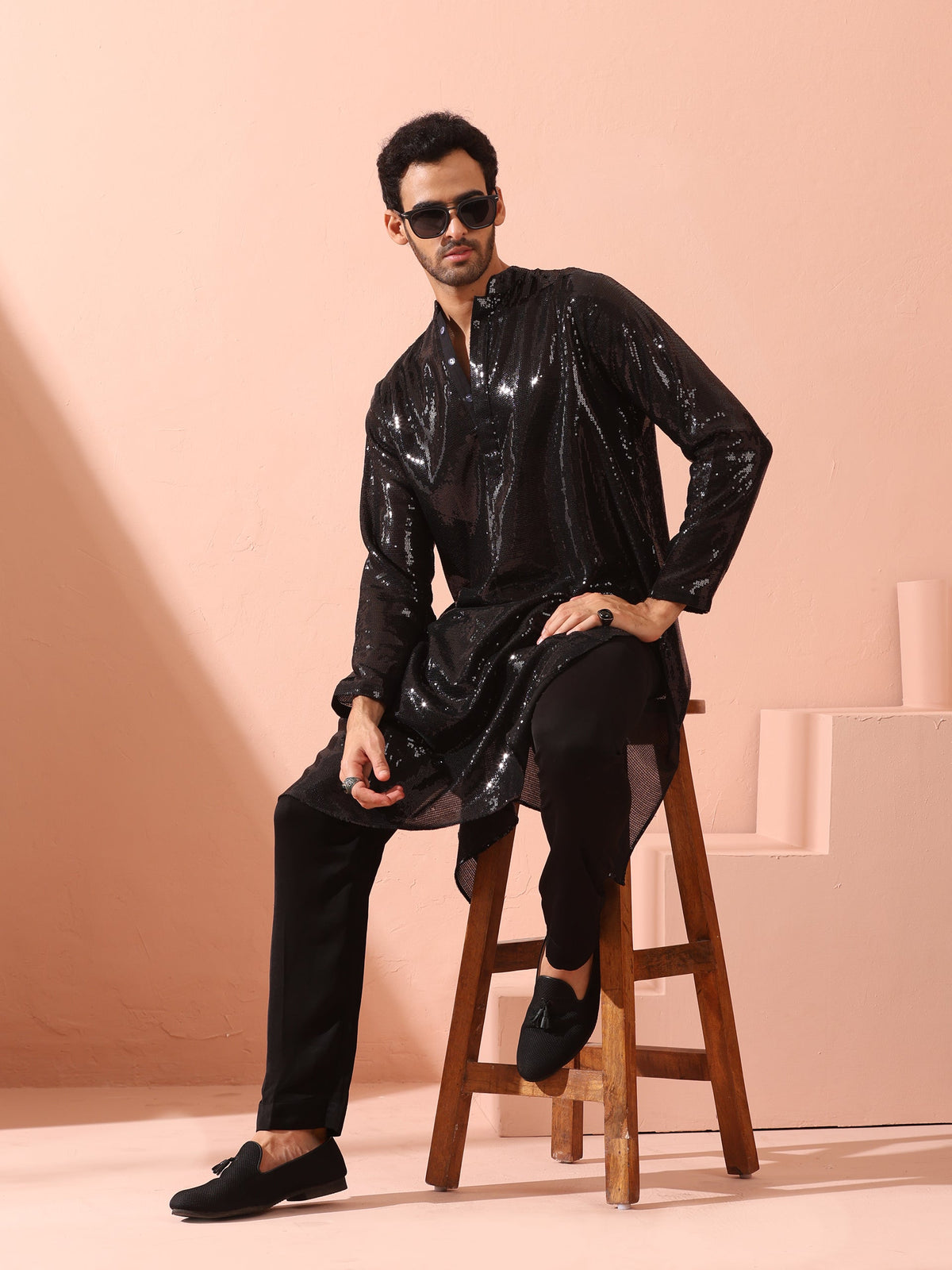 Indyancart ST Debonair Black Sequin Kurta with Hidden Placket