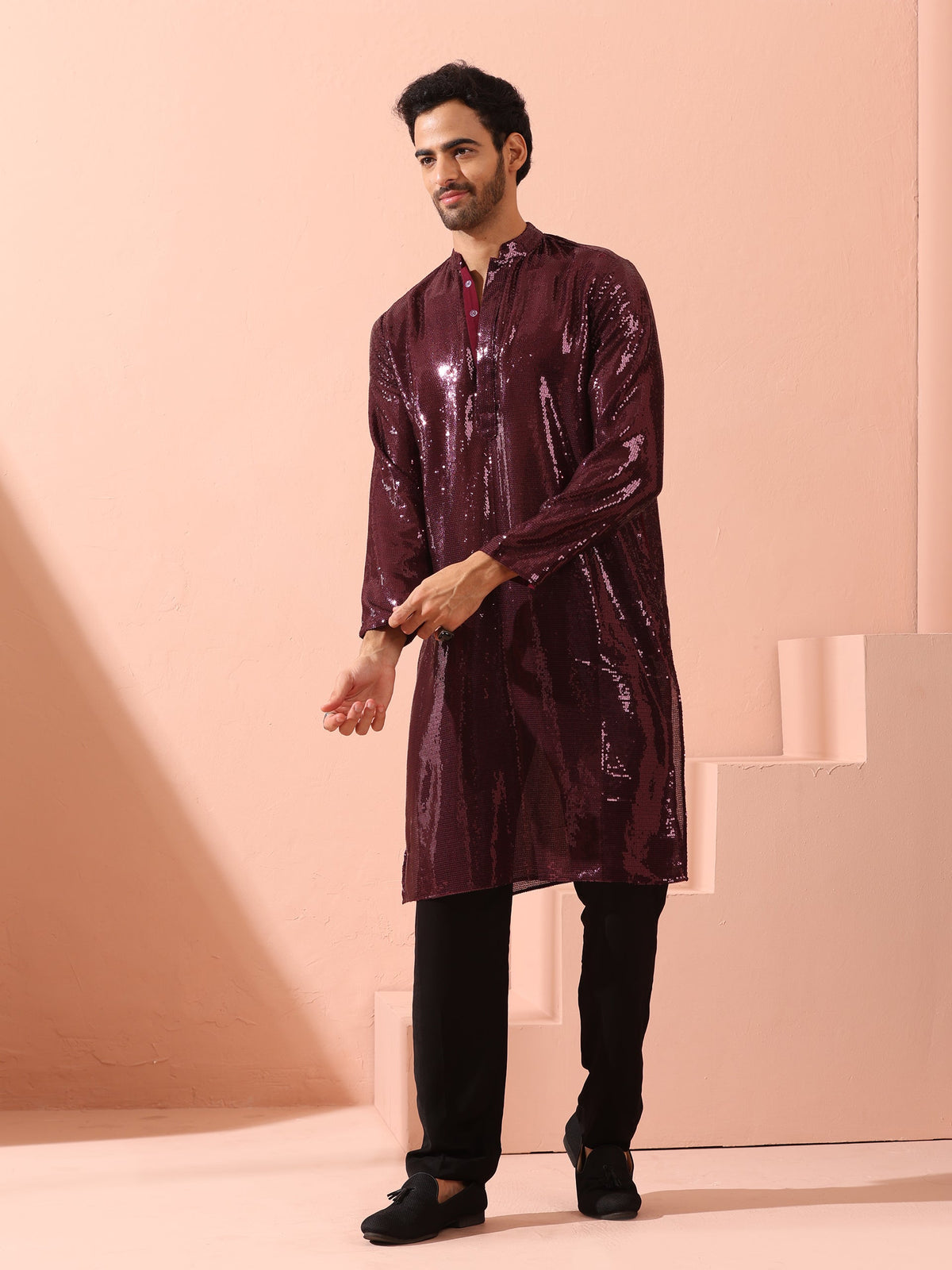 Indyancart ST Wine Sequin Kurta with Hidden Placket