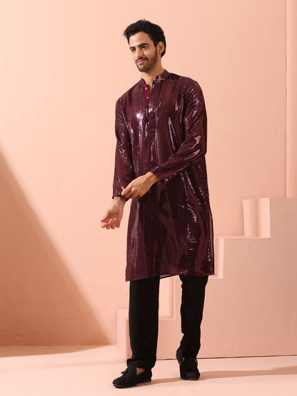 Indyancart ST Wine Sequin Kurta with Hidden Placket