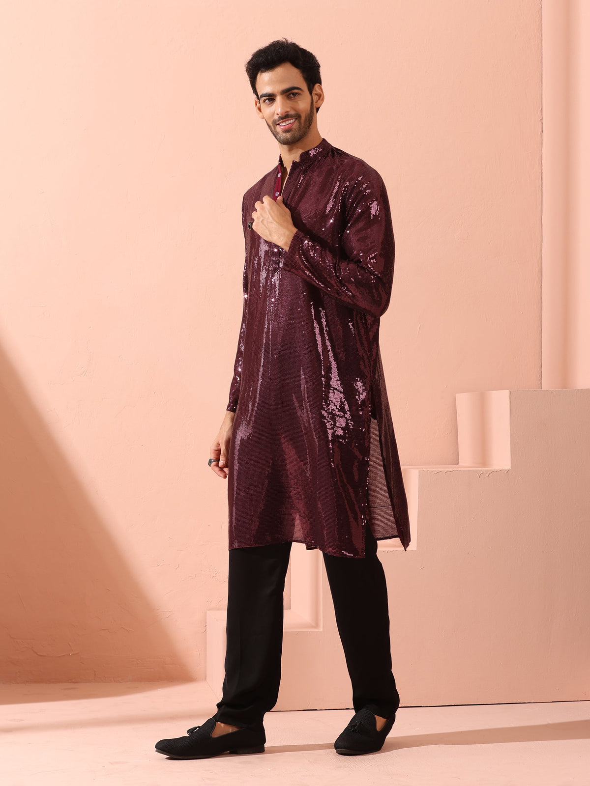 Indyancart ST Wine Sequin Kurta with Hidden Placket