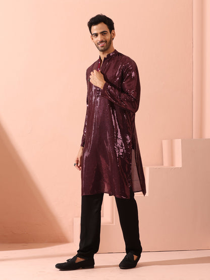 Indyancart ST Wine Sequin Kurta with Hidden Placket
