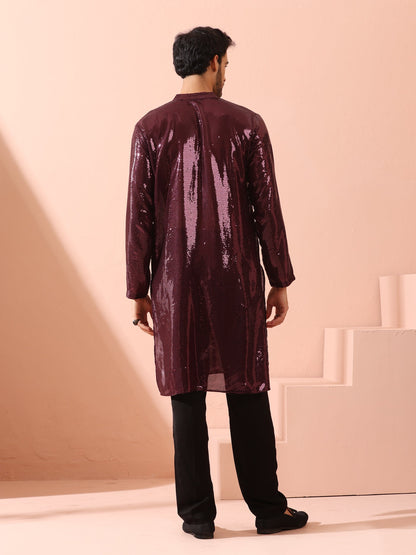 Indyancart ST Wine Sequin Kurta with Hidden Placket