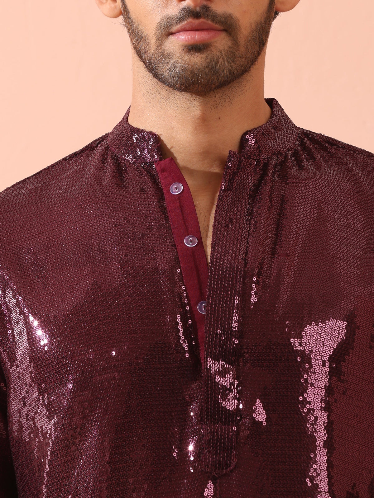 Indyancart ST Wine Sequin Kurta with Hidden Placket