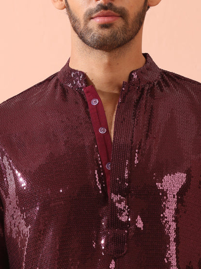 Indyancart ST Wine Sequin Kurta with Hidden Placket