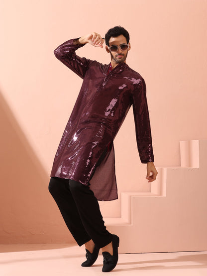 Indyancart ST Wine Sequin Kurta with Hidden Placket