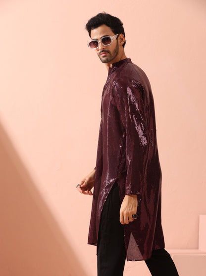 Indyancart ST Wine Sequin Kurta with Hidden Placket