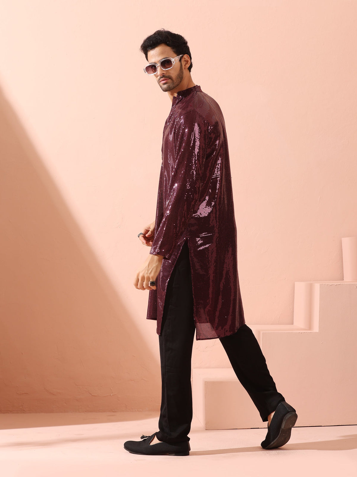 Indyancart ST Wine Sequin Kurta with Hidden Placket