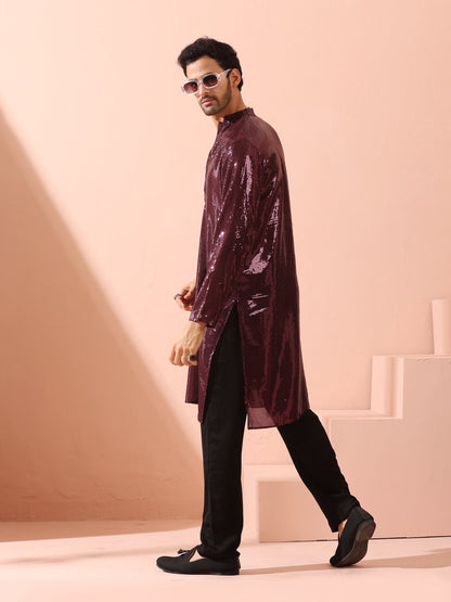 Indyancart ST Wine Sequin Kurta with Hidden Placket