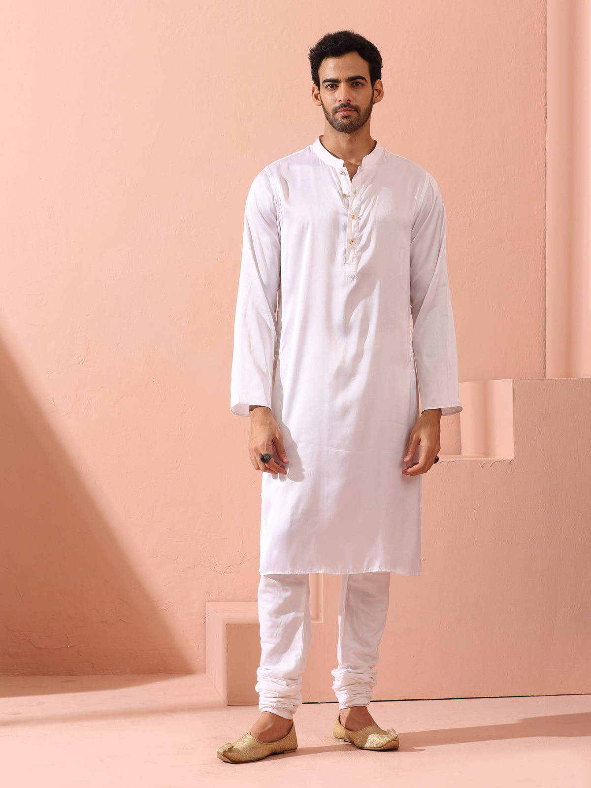 Indyancart ST Sufi White Satin Kurta with Gold Buttons