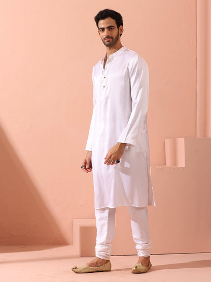 Indyancart ST Sufi White Satin Kurta with Gold Buttons