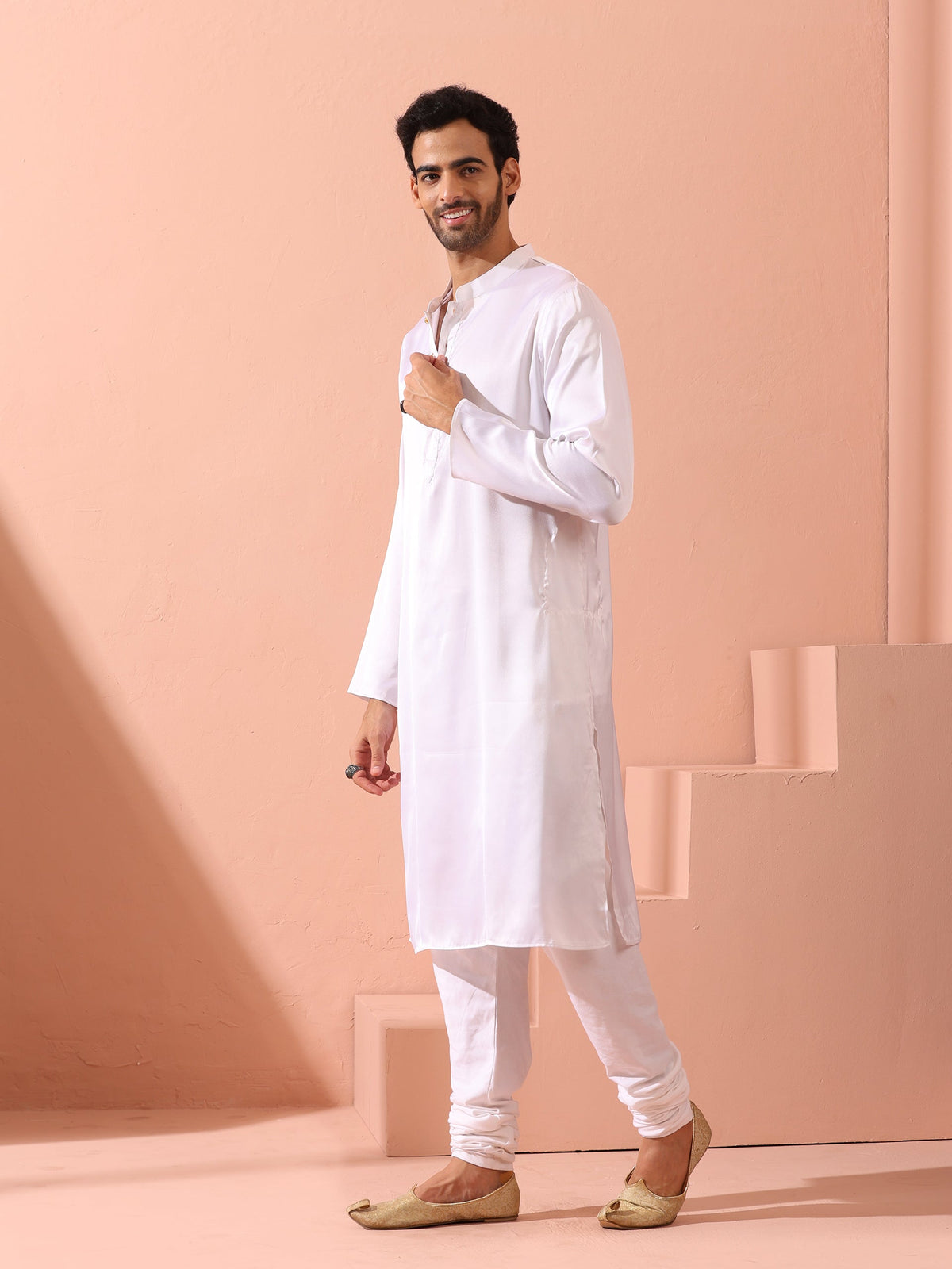 Indyancart ST Sufi White Satin Kurta with Gold Buttons
