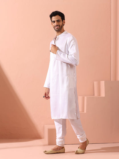 Indyancart ST Sufi White Satin Kurta with Gold Buttons