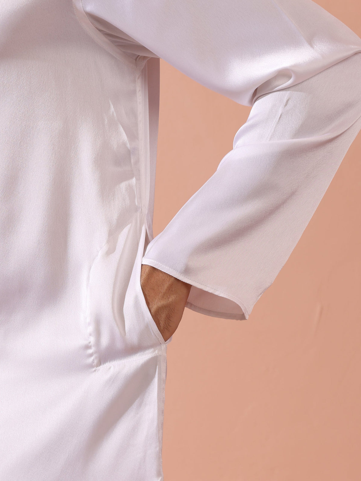 Indyancart ST Sufi White Satin Kurta with Gold Buttons