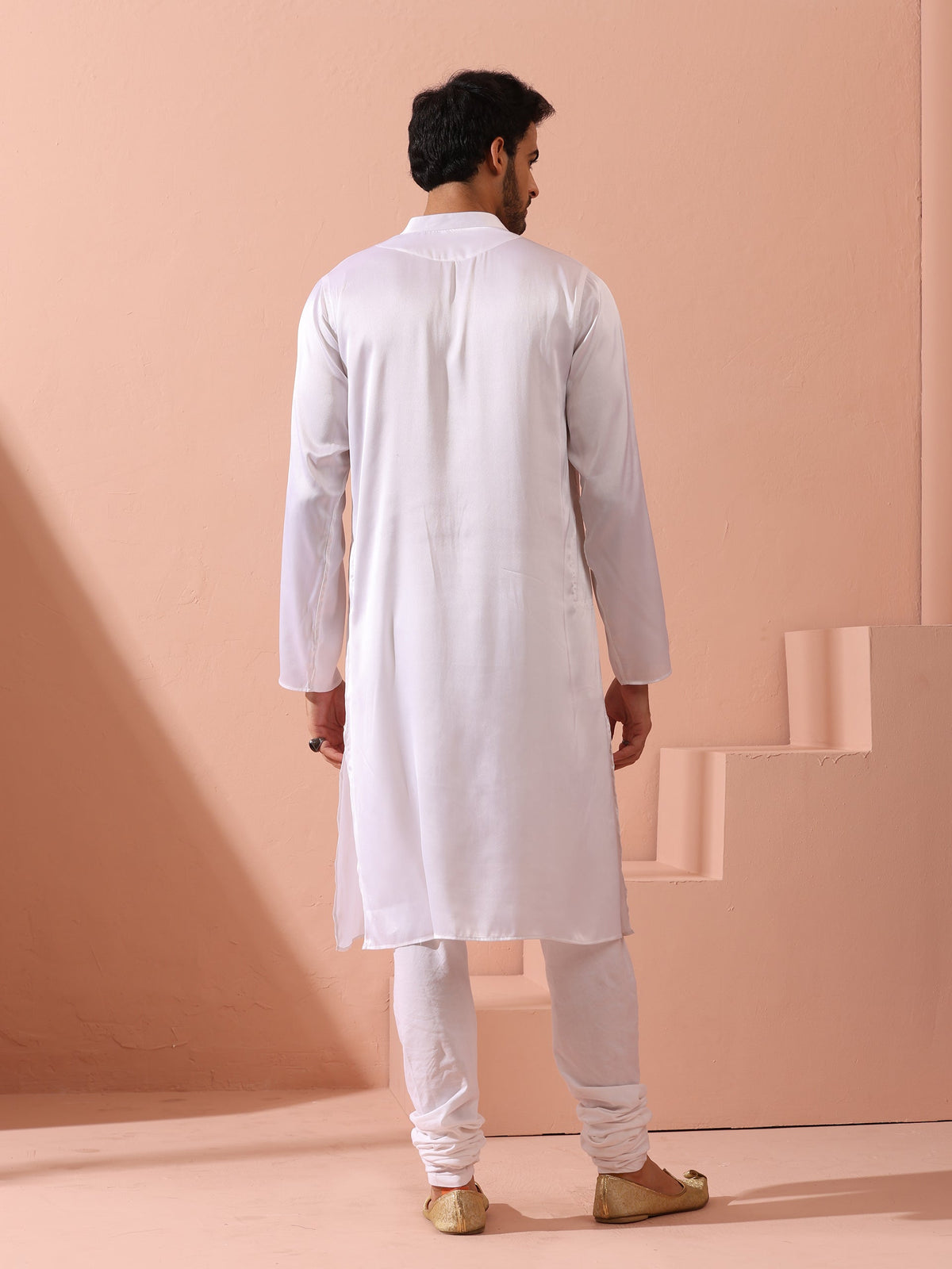 Indyancart ST Sufi White Satin Kurta with Gold Buttons