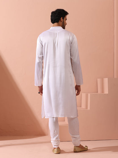 Indyancart ST Sufi White Satin Kurta with Gold Buttons