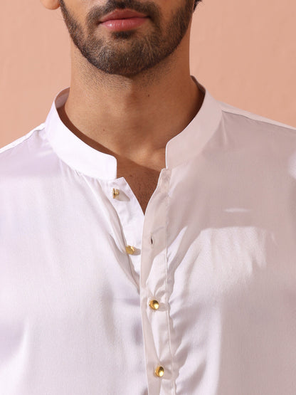 Indyancart ST Sufi White Satin Kurta with Gold Buttons