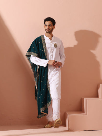 Indyancart ST Sufi White Satin Kurta with Gold Buttons