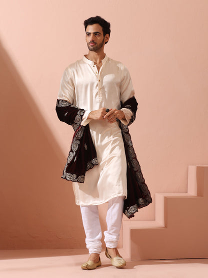 Indyancart ST Rose Cream Satin Kurta with Gold Buttons