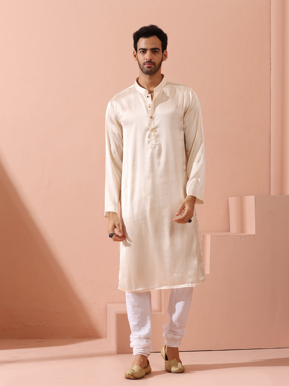 Indyancart ST Rose Cream Satin Kurta with Gold Buttons