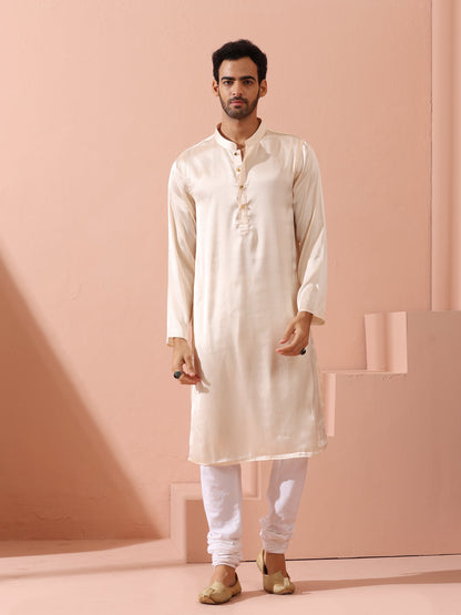 Indyancart ST Rose Cream Satin Kurta with Gold Buttons