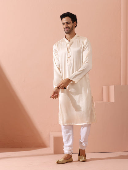 Indyancart ST Rose Cream Satin Kurta with Gold Buttons