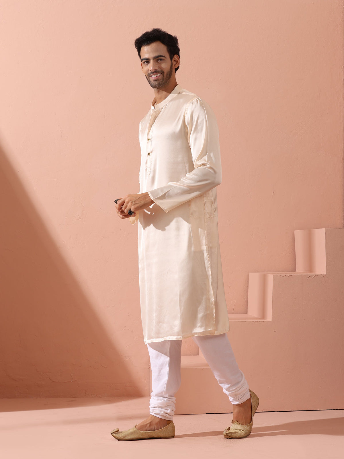 Indyancart ST Rose Cream Satin Kurta with Gold Buttons
