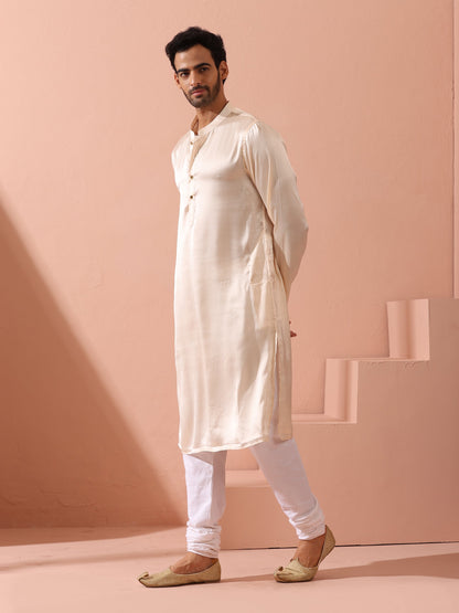 Indyancart ST Rose Cream Satin Kurta with Gold Buttons