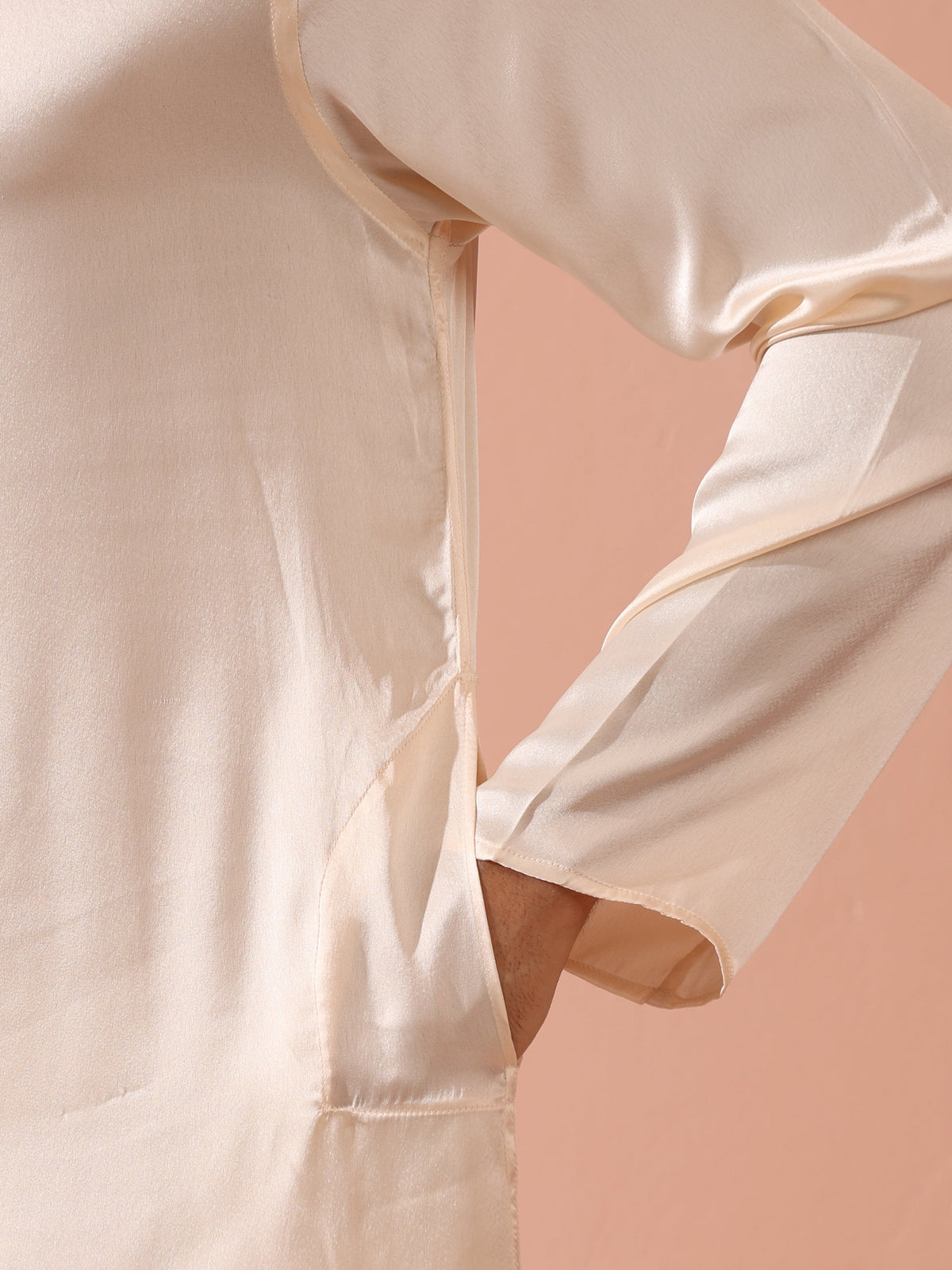 Indyancart ST Rose Cream Satin Kurta with Gold Buttons