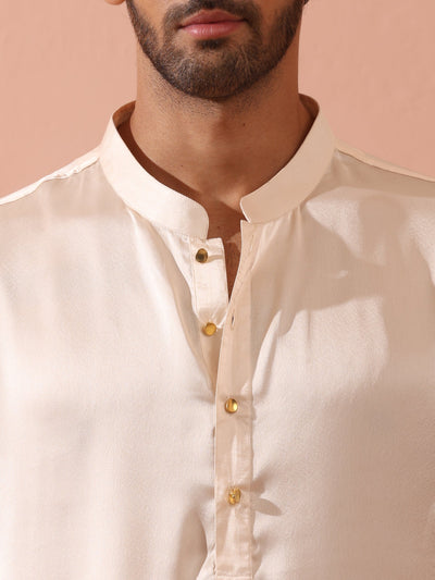 Indyancart ST Rose Cream Satin Kurta with Gold Buttons