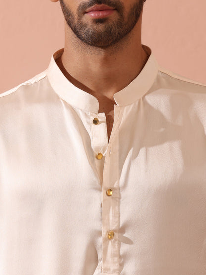Indyancart ST Rose Cream Satin Kurta with Gold Buttons