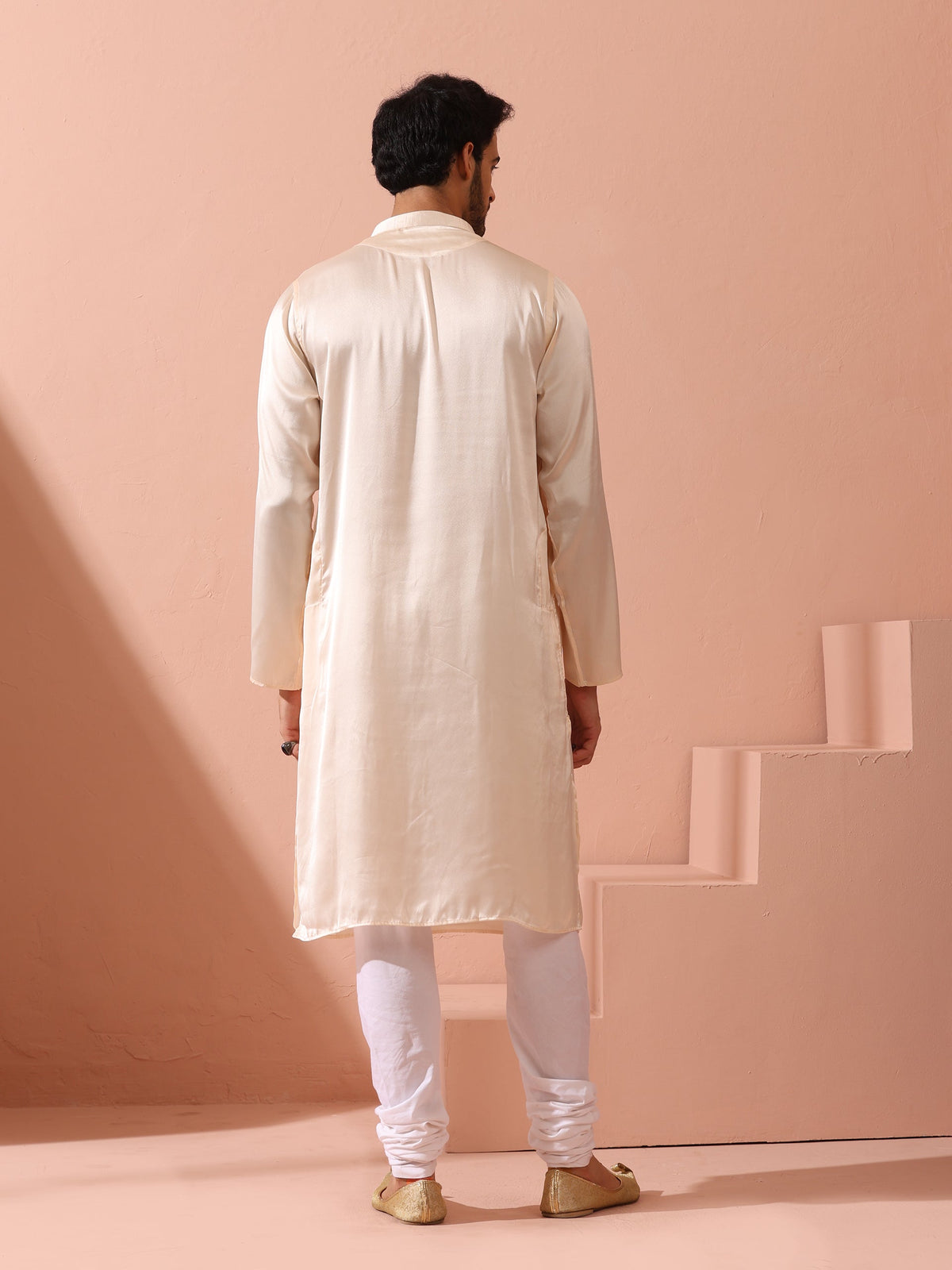 Indyancart ST Rose Cream Satin Kurta with Gold Buttons