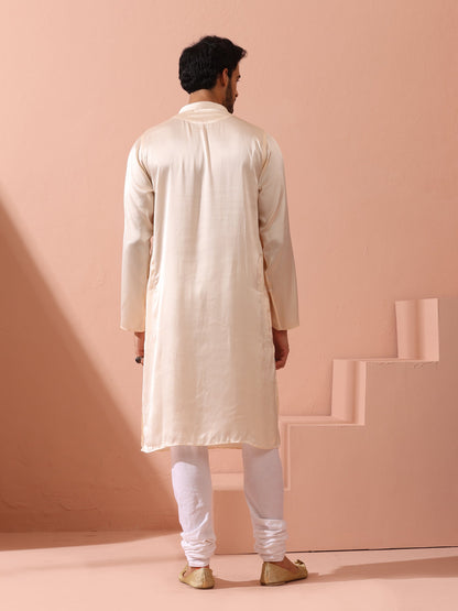 Indyancart ST Rose Cream Satin Kurta with Gold Buttons