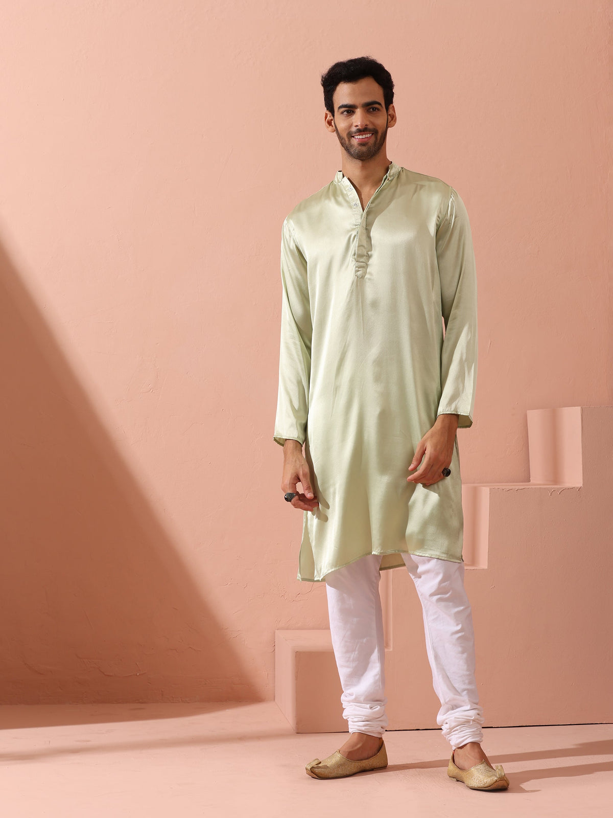 Indyancart ST Sage Satin Kurta with Hidden Placket