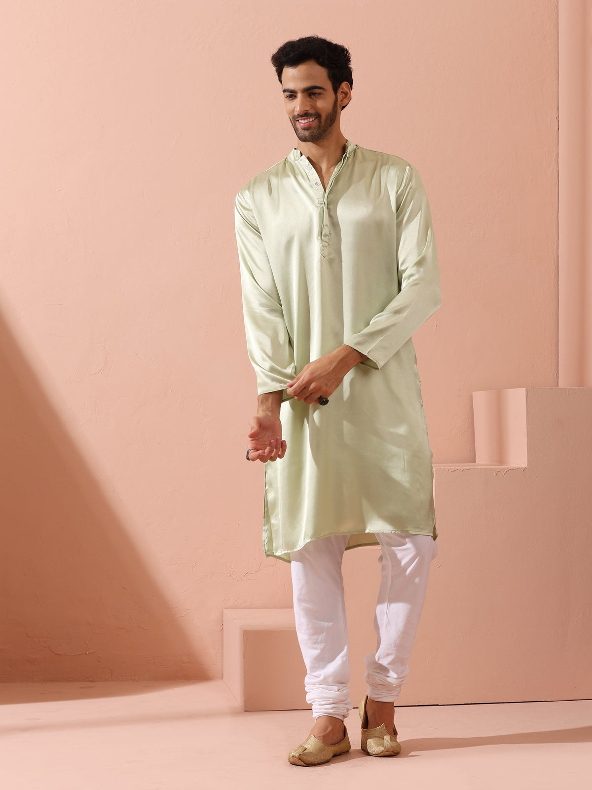 Indyancart ST Sage Satin Kurta with Hidden Placket