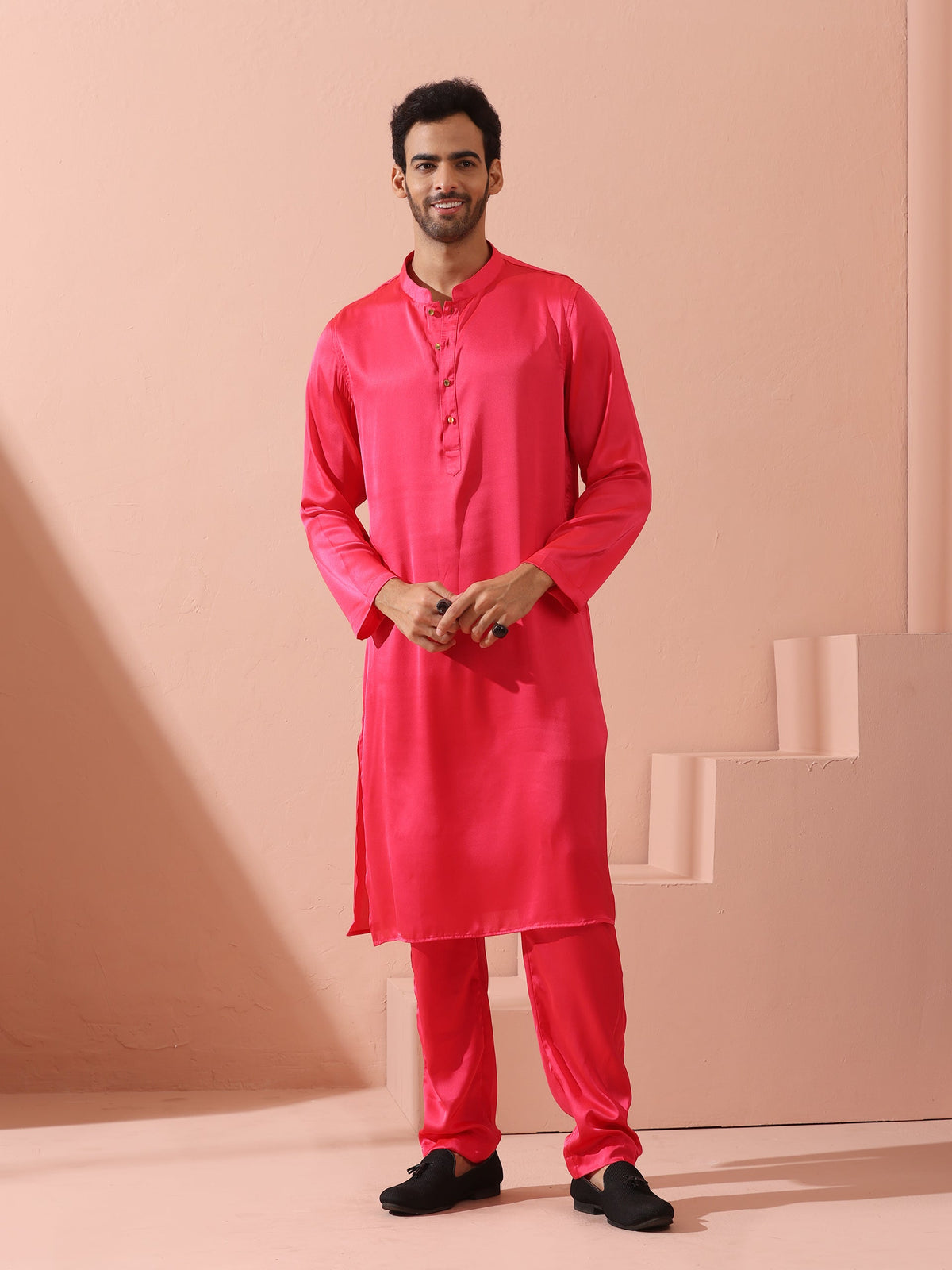 Indyancart ST Ruby Pink Satin Kurta with Gold Buttons