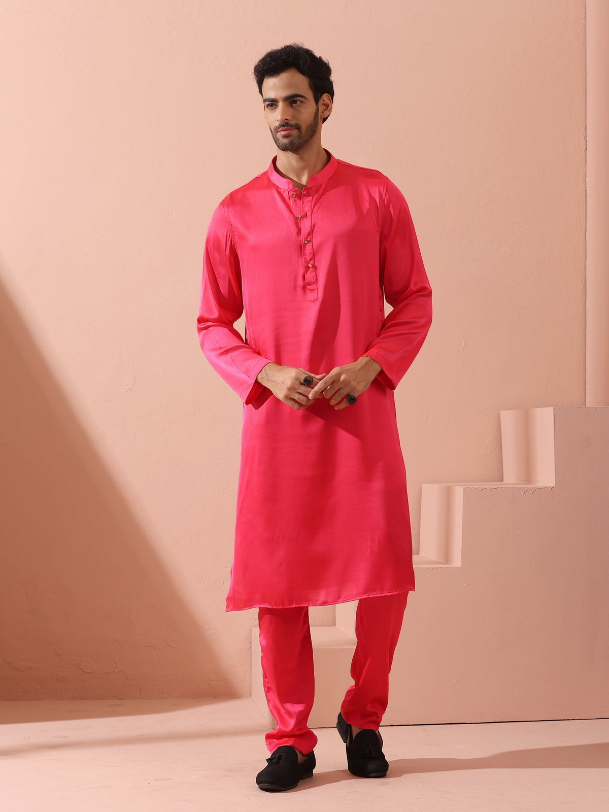 Indyancart ST Ruby Pink Satin Kurta with Gold Buttons