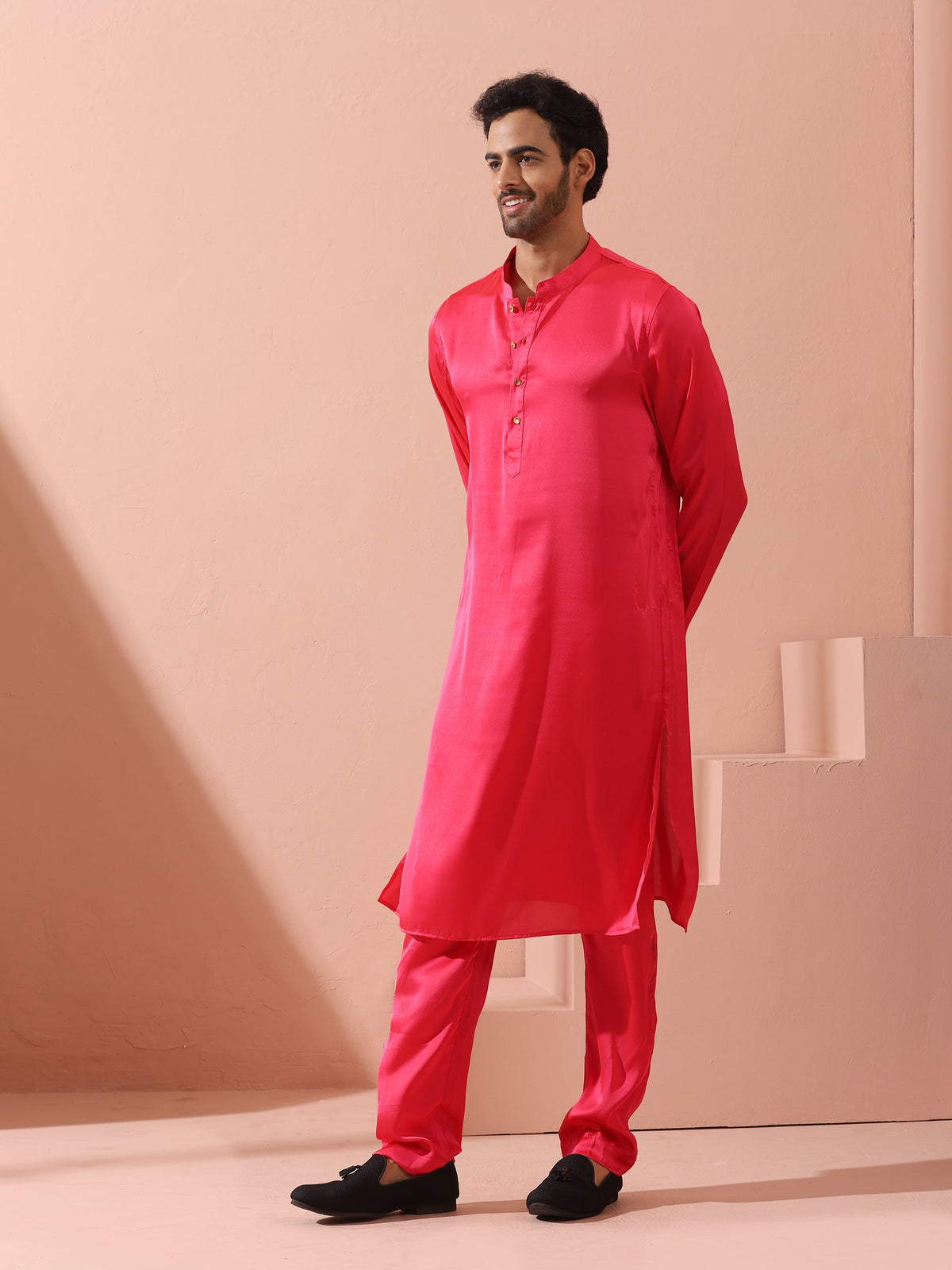 Indyancart ST Ruby Pink Satin Kurta with Gold Buttons