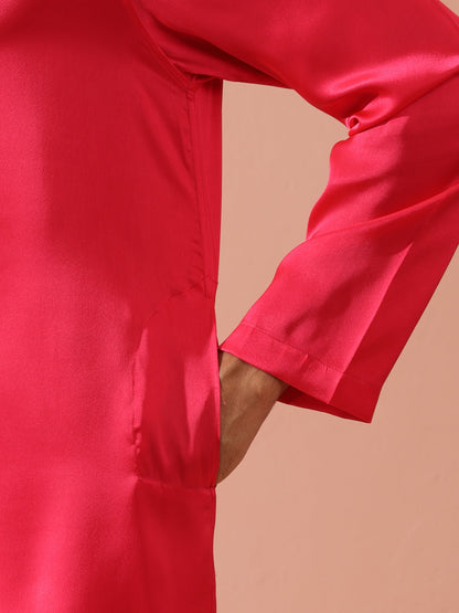 Indyancart ST Ruby Pink Satin Kurta with Gold Buttons