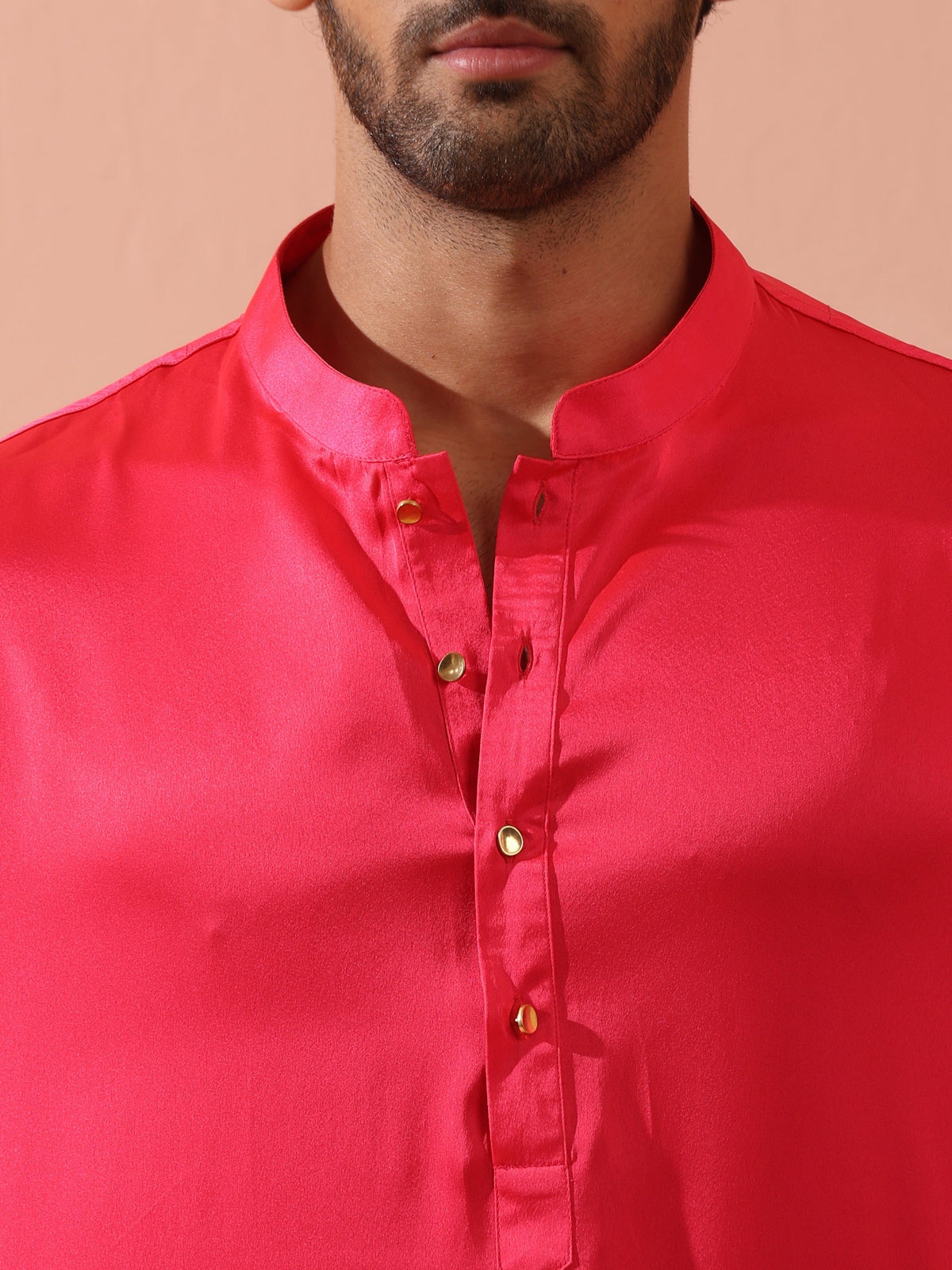 Indyancart ST Ruby Pink Satin Kurta with Gold Buttons