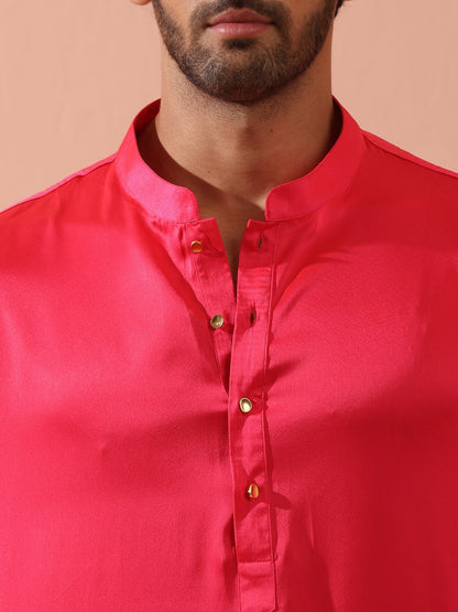 Indyancart ST Ruby Pink Satin Kurta with Gold Buttons