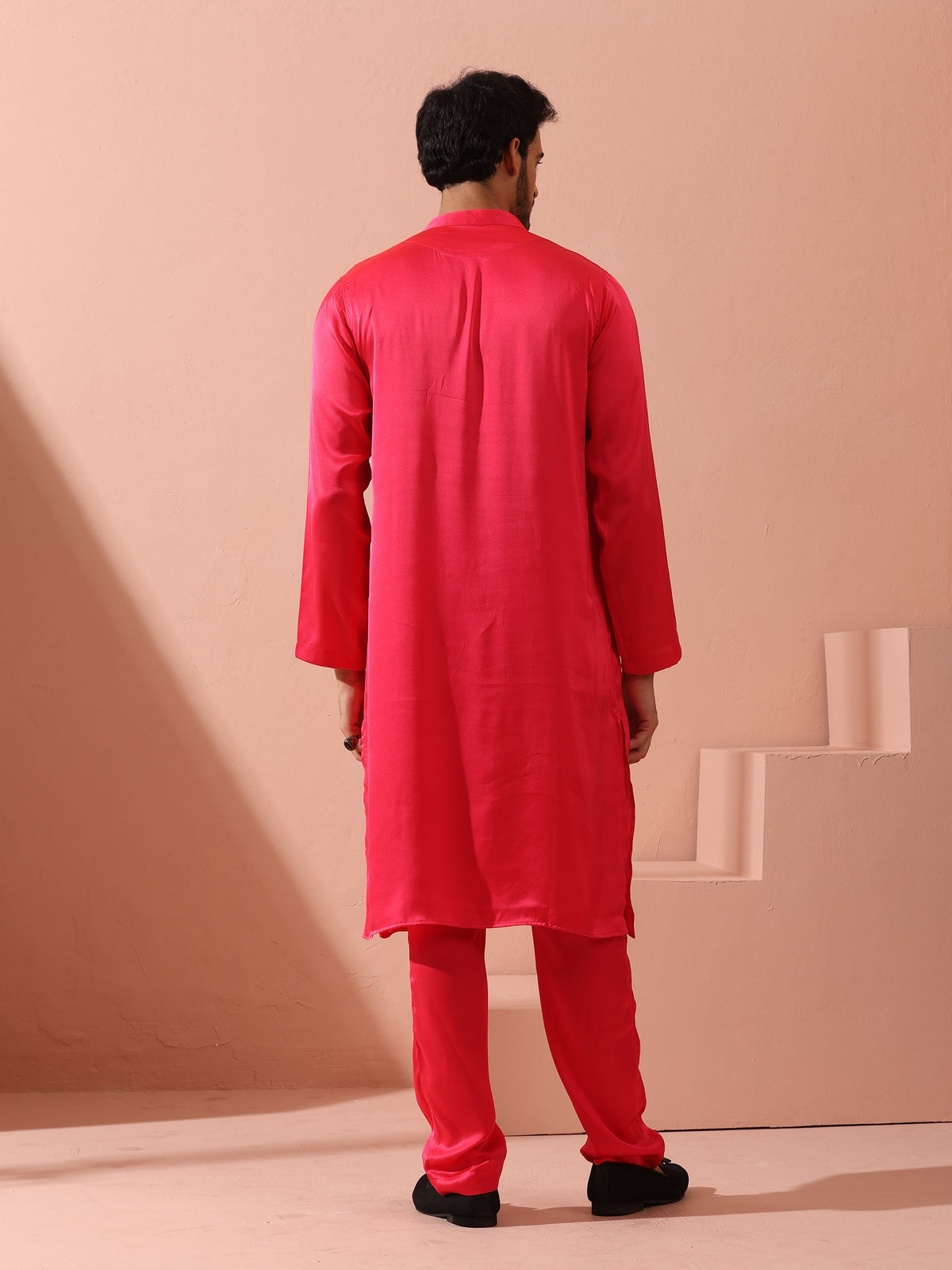 Indyancart ST Ruby Pink Satin Kurta with Gold Buttons