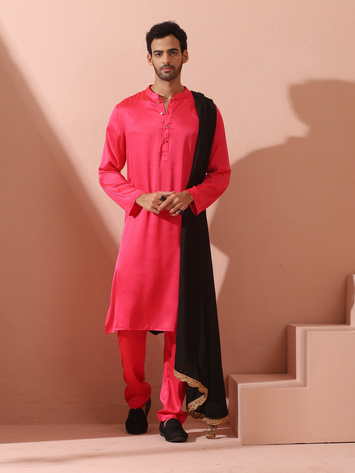 Indyancart ST Ruby Pink Satin Kurta with Gold Buttons
