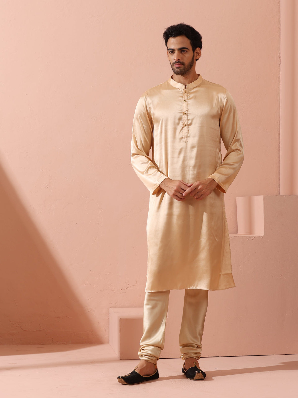 Indyancart ST Fawn Satin Kurta with Gold Buttons