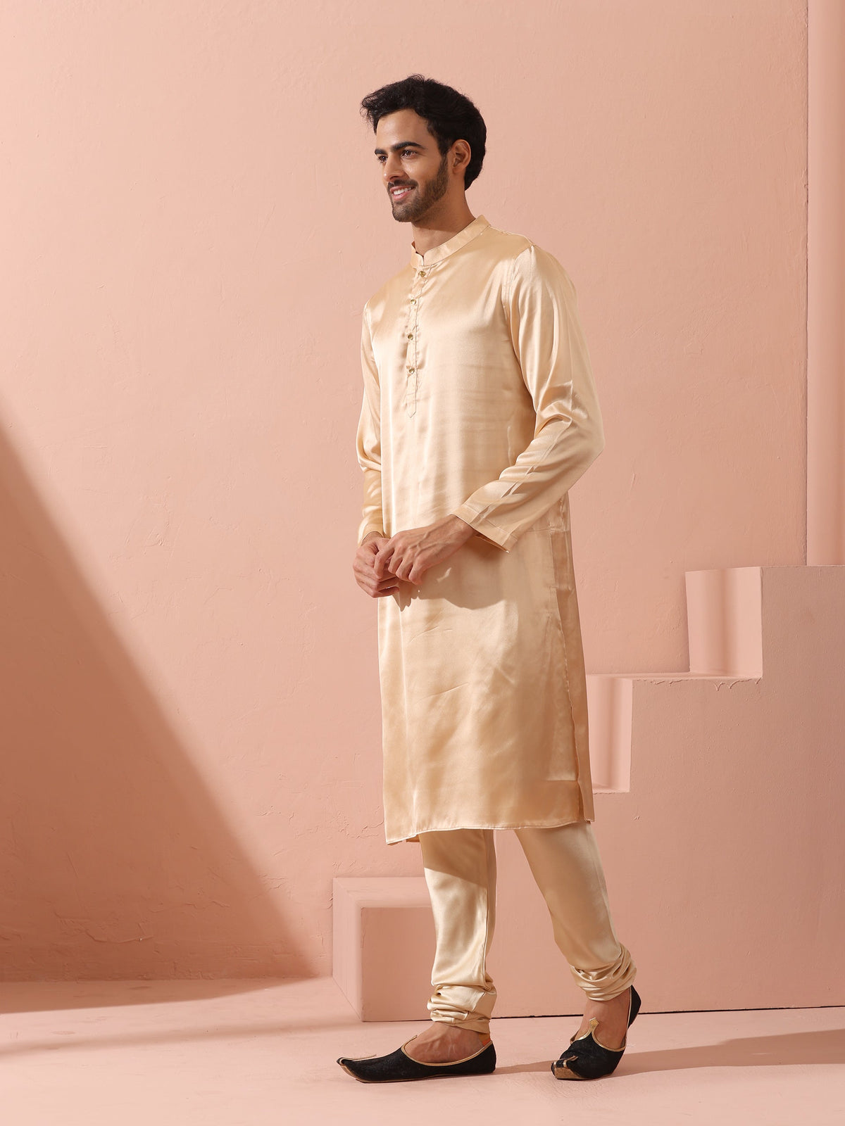 Indyancart ST Fawn Satin Kurta with Gold Buttons