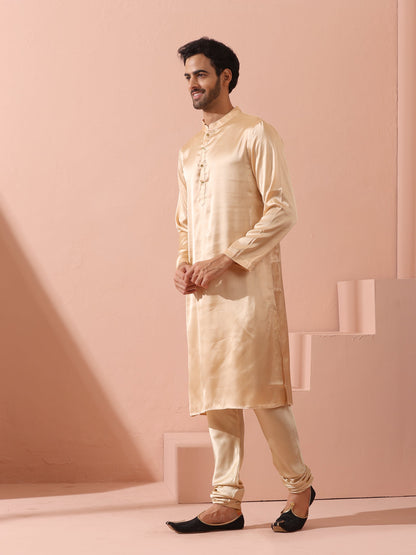 Indyancart ST Fawn Satin Kurta with Gold Buttons