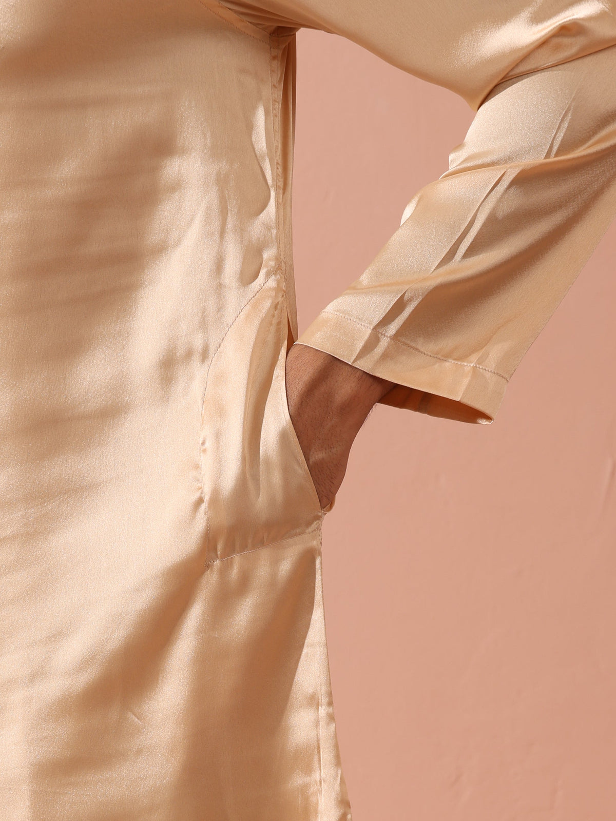Indyancart ST Fawn Satin Kurta with Gold Buttons