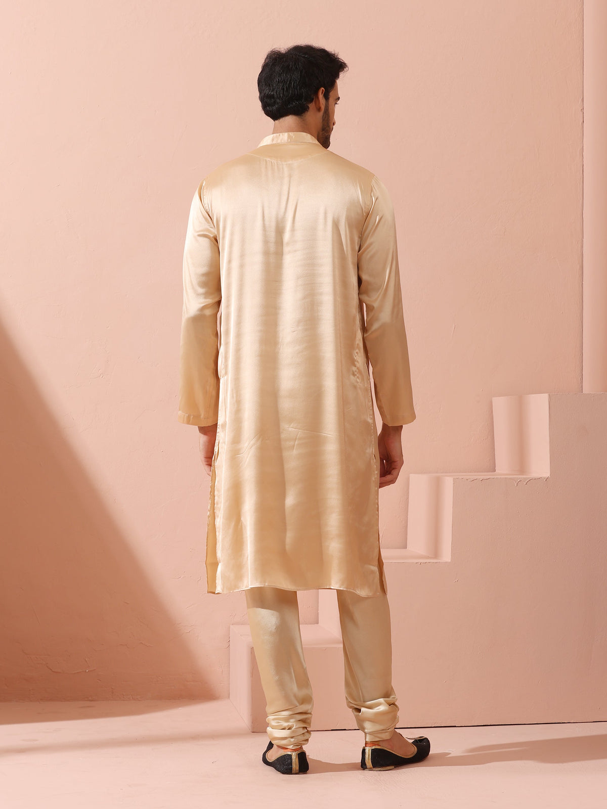 Indyancart ST Fawn Satin Kurta with Gold Buttons