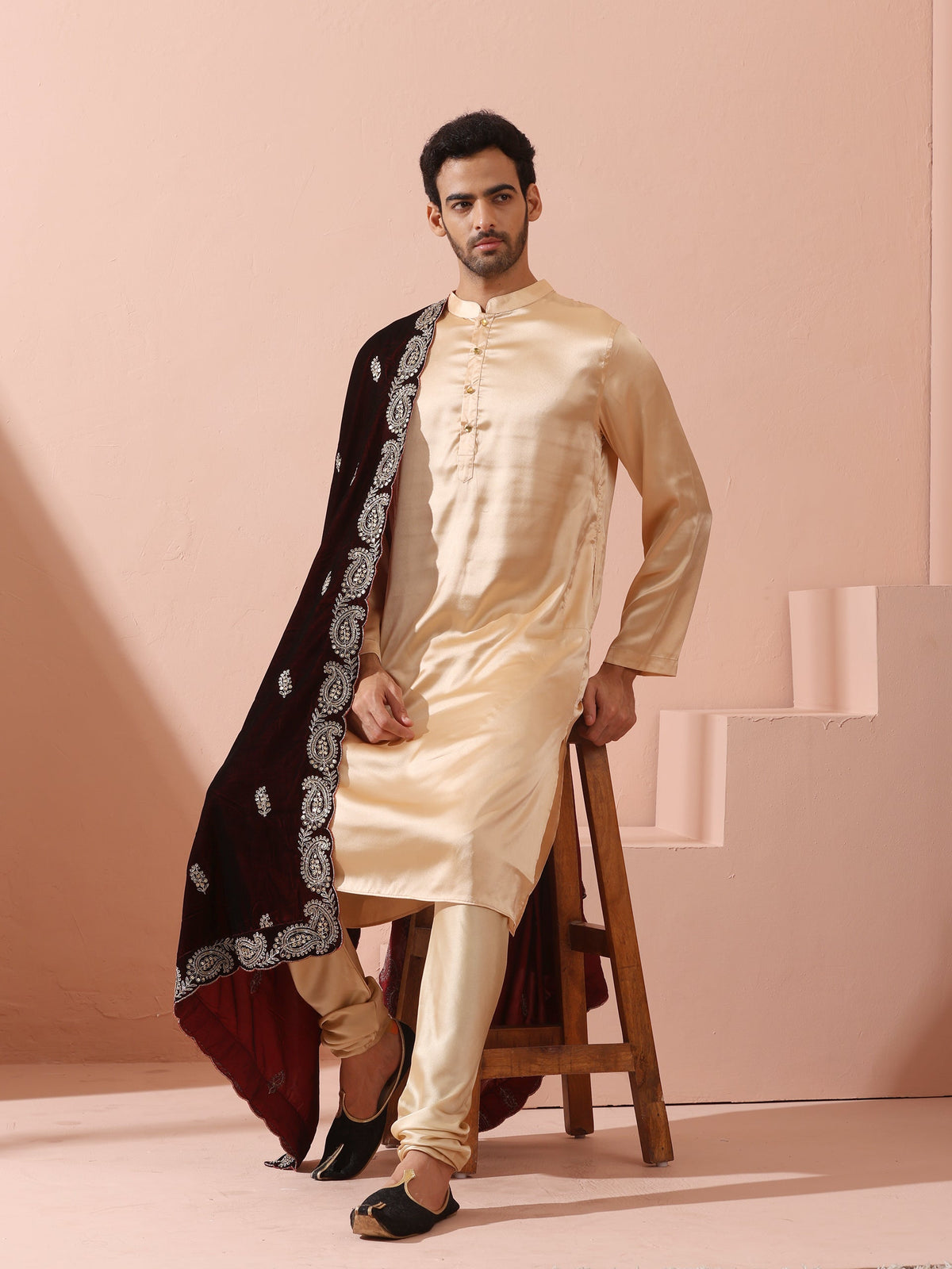 Indyancart ST Fawn Satin Kurta with Gold Buttons