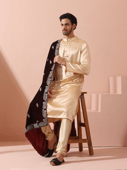 Indyancart ST Fawn Satin Kurta with Gold Buttons